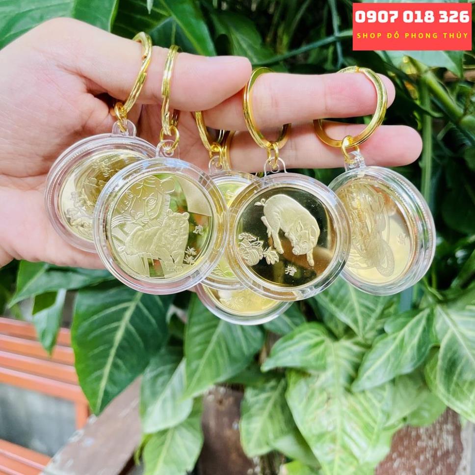[TRỢ GIÁ] Móc Khóa Đồng Xu Khắc Hình 12 Con Giáp Phong Thủy May Mắn, Chất Liệu Niken Mạ Vàng Sáng Bóng