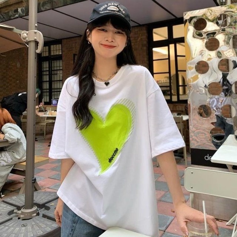 Đầm Lửng Dáng Rộng Cổ Tròn In Hình Trái Tim Thời Trang Mùa Hè Hàng Mới