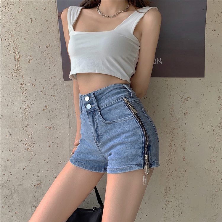 DUNEA Quần Đùi Denim Lưng Cao Phối Khóa Kéo Phong Cách Đường Phố Cho Nữ