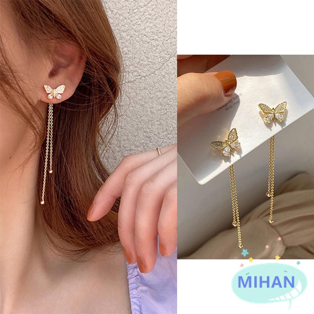 Đôi bông tai nữ dáng dài phối mặt bướm đính đá thời trang