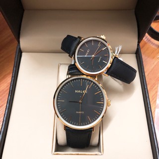 Cặp đồng hồ Nam Nữ Halei mặt đen dây da đen cao cấp classic số vạch size 28mm 39mm không gỉ, chống xước chống nước HL541