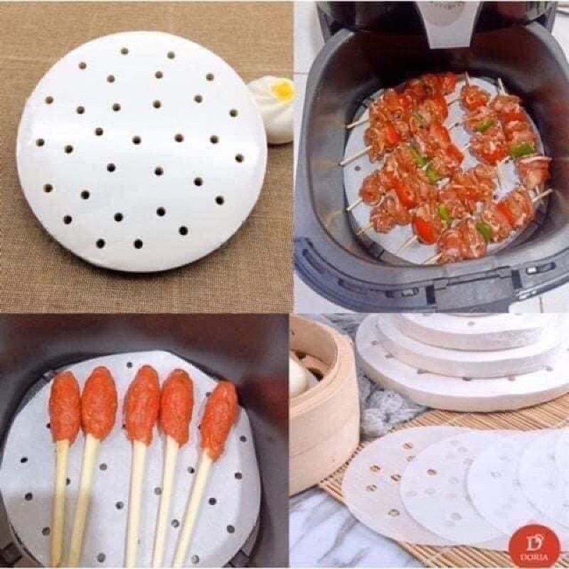 Set 100 tờ giấy nến đục lỗ lót nồi chiên không dầu, xửng hấp bánh