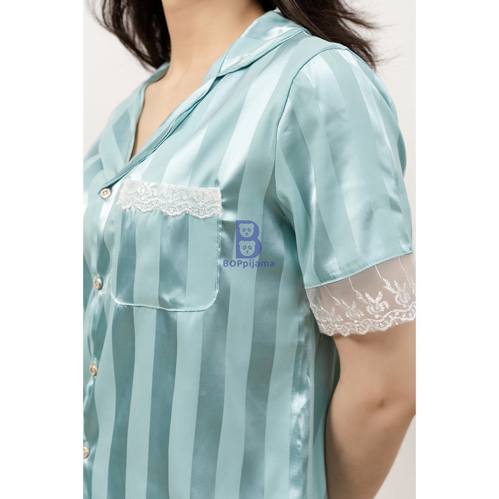 Đồ bộ ngủ cộc nữ pijama lụa gấm quần đùi có túi phối ren cao cấp- 09