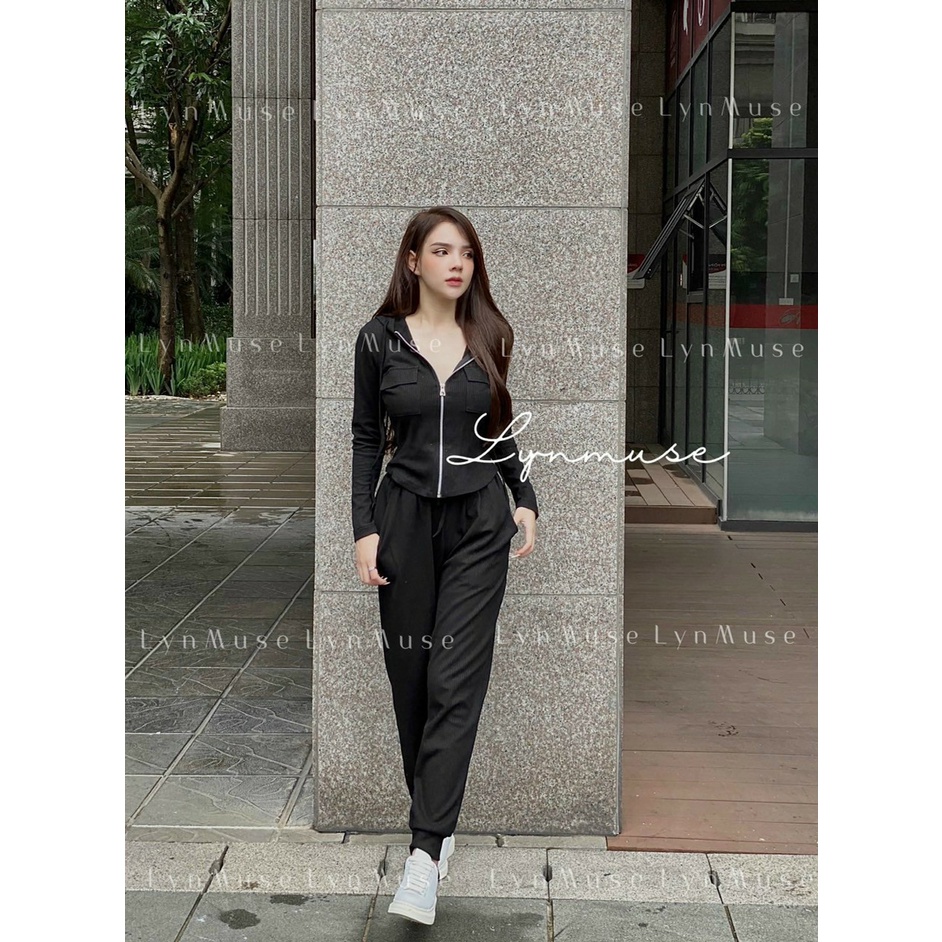 Set bộ đồ nữ thu đông áo dài tay có mũ kéo khóa túi hộp chất mềm mại