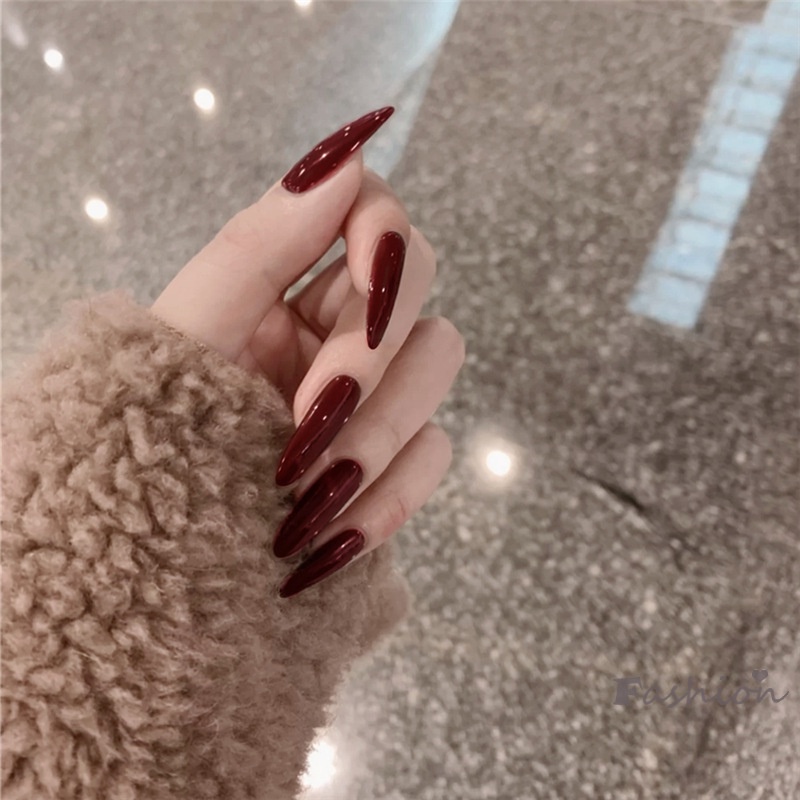 [Hàng mới về] Set 24 móng tay giả màu đỏ rượu vang thiết kế siêu dài có thể tháo rời chuyên nghiệp