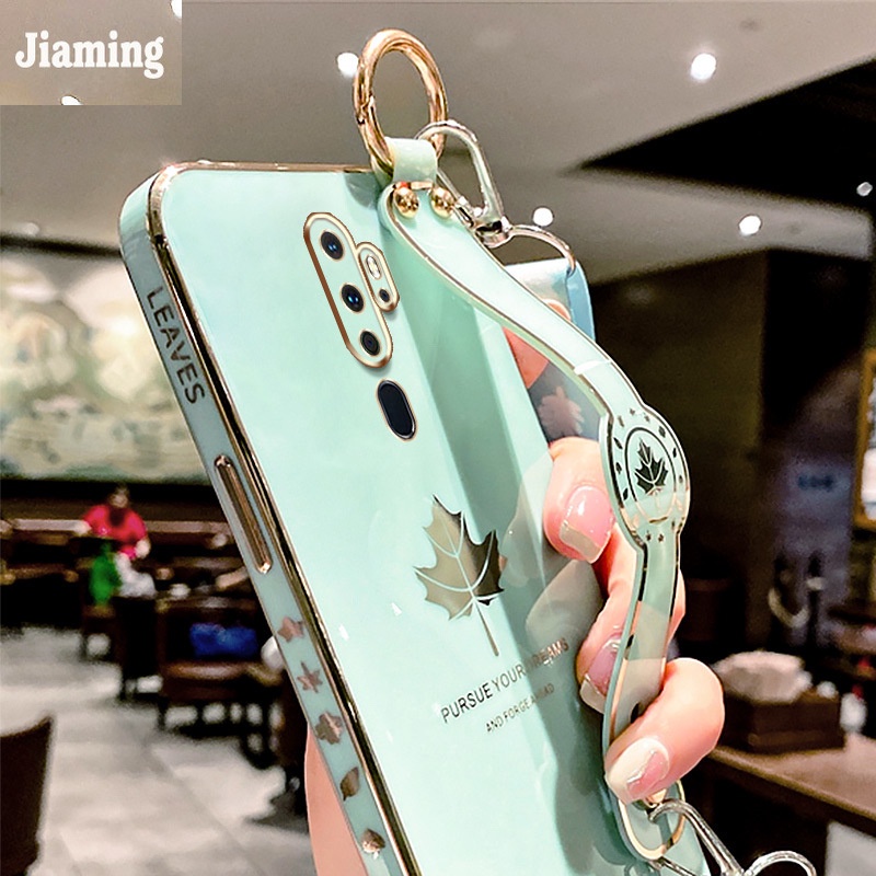 Ốp Điện Thoại Mạ Điện Họa Tiết Lá Phong Sang Trọng + Dây Đeo Cho OPPO A5 2020 A9 2020