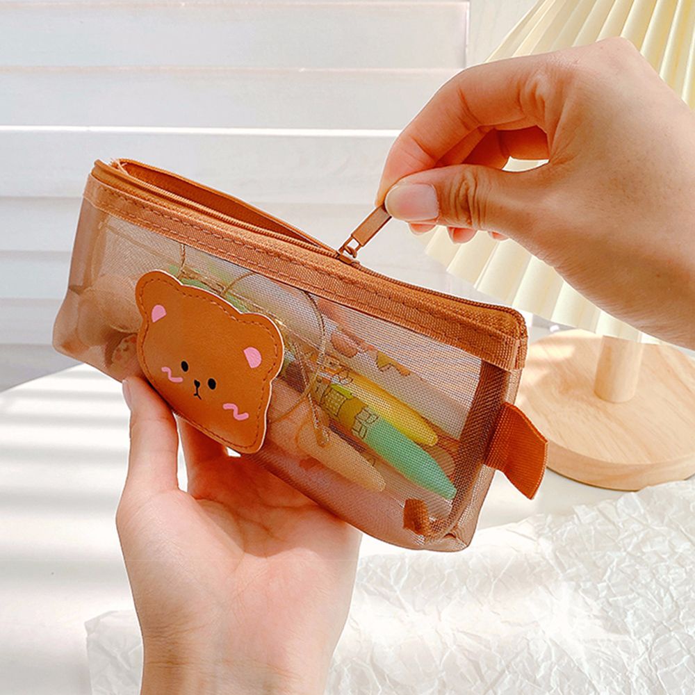 Túi Lưới Đựng Bút Trong Suốt Sức Chứa Lớn In Hình Gấu Nâu Dễ Thương