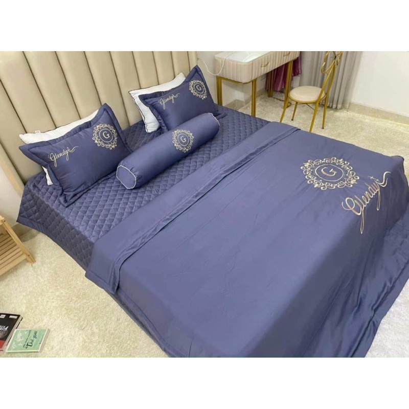 Bộ chăn ga gối phi lụa trần bông combo 5 món thêu sang trọng
