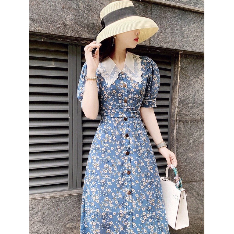 Đầm Hoa Công Sở Akara’s DT227 Cổ Phối Ren Tay Phồng Sang Trọng Full 5 Size | BigBuy360 - bigbuy360.vn