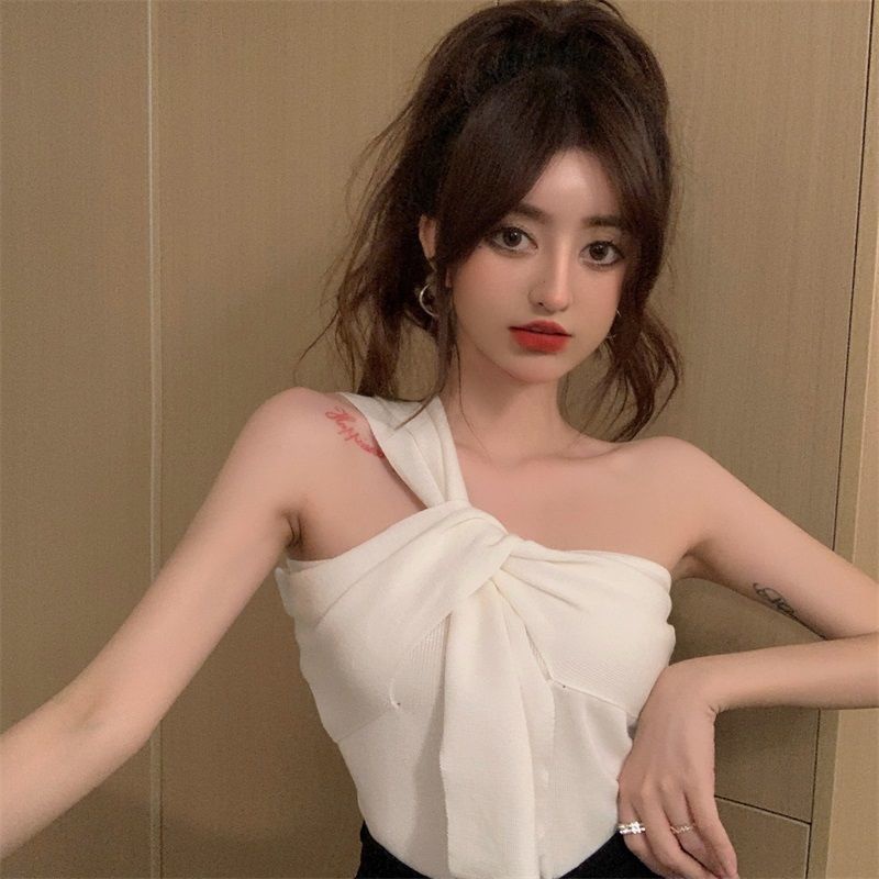 Áo dệt kim 1 dây vai dáng ngắn thiết kế thắt nút thời trang ngọt ngào