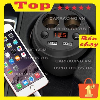 Cốc chia sạc TRÒN LA02  chất lượng cao (2 tẩu tròn 2 USB) bảo hành 6 tháng - Đèn Led báo Vol - Tẩu Sạc Ô TÔ