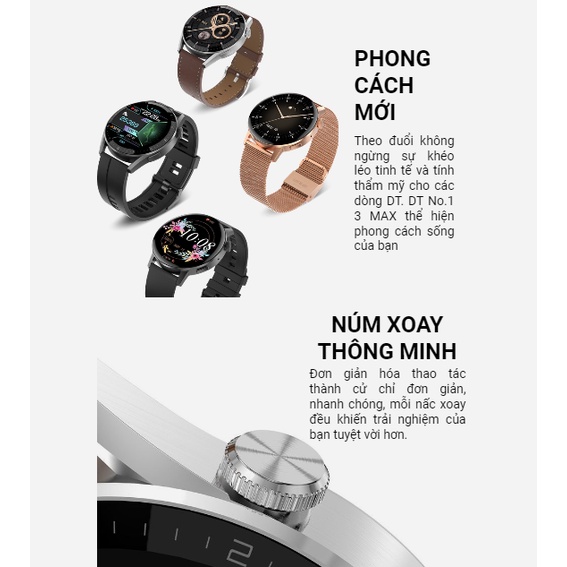 Đồng hồ thông minh cao cấp DT3 Max nghe gọi, luyện tập thể thao, chống nước hỗ trợ tiếng việt