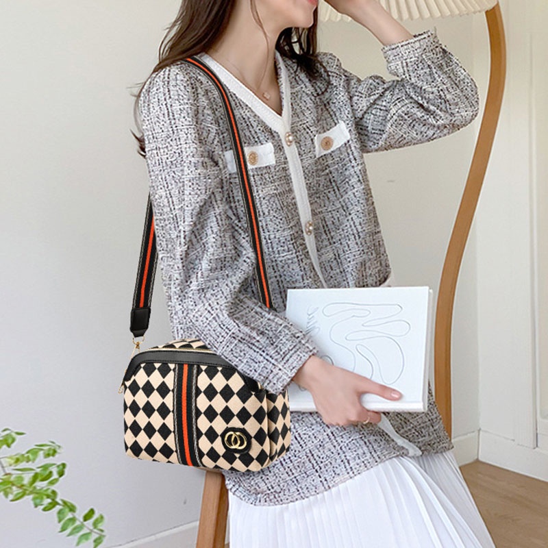 Túi Đeo Chéo Hình Vuông Cỡ Nhỏ Họa Tiết Sọc Caro Thời Trang Cho Nữ