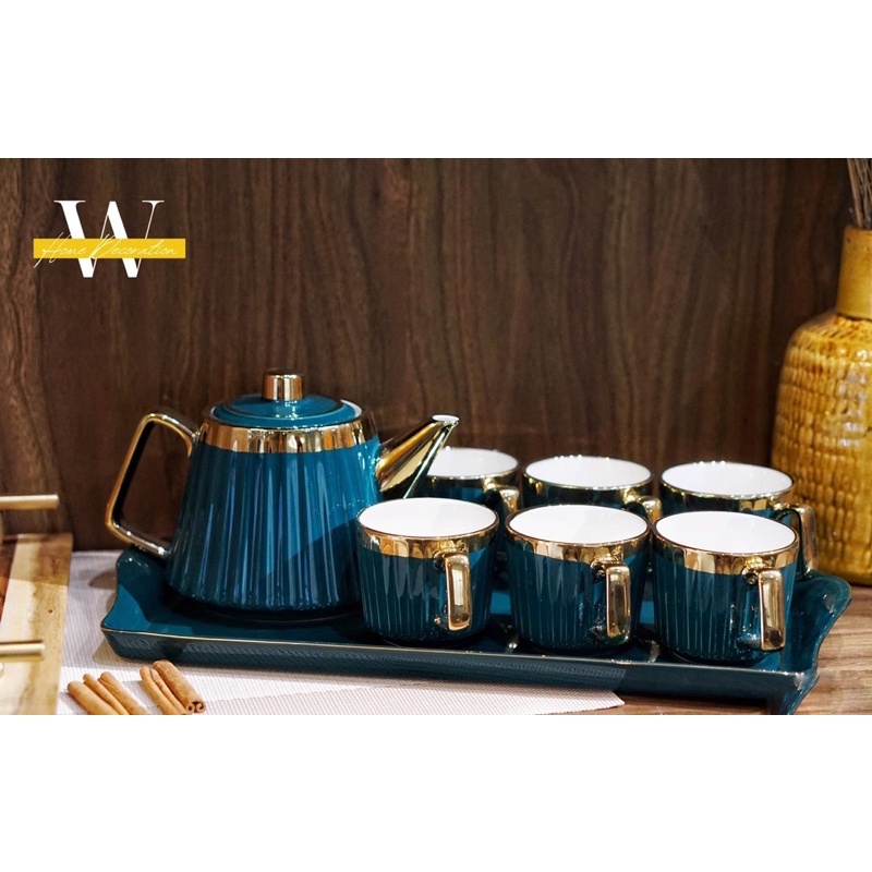 Bộ ấm chén sứ xanh trắng sọc dọc