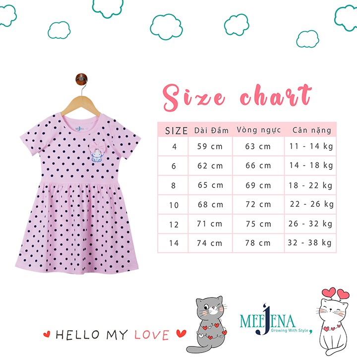 Đầm Bé Gái Tay Ngắn 11-38 kg MEEJENA Vải 100% COTTON - 1466