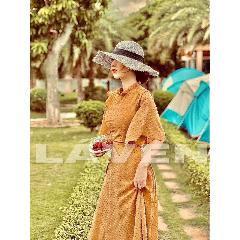 ĐẦM BI REN NỔI CỘT NƠ LƯNG XANH - VÀNG | BigBuy360 - bigbuy360.vn