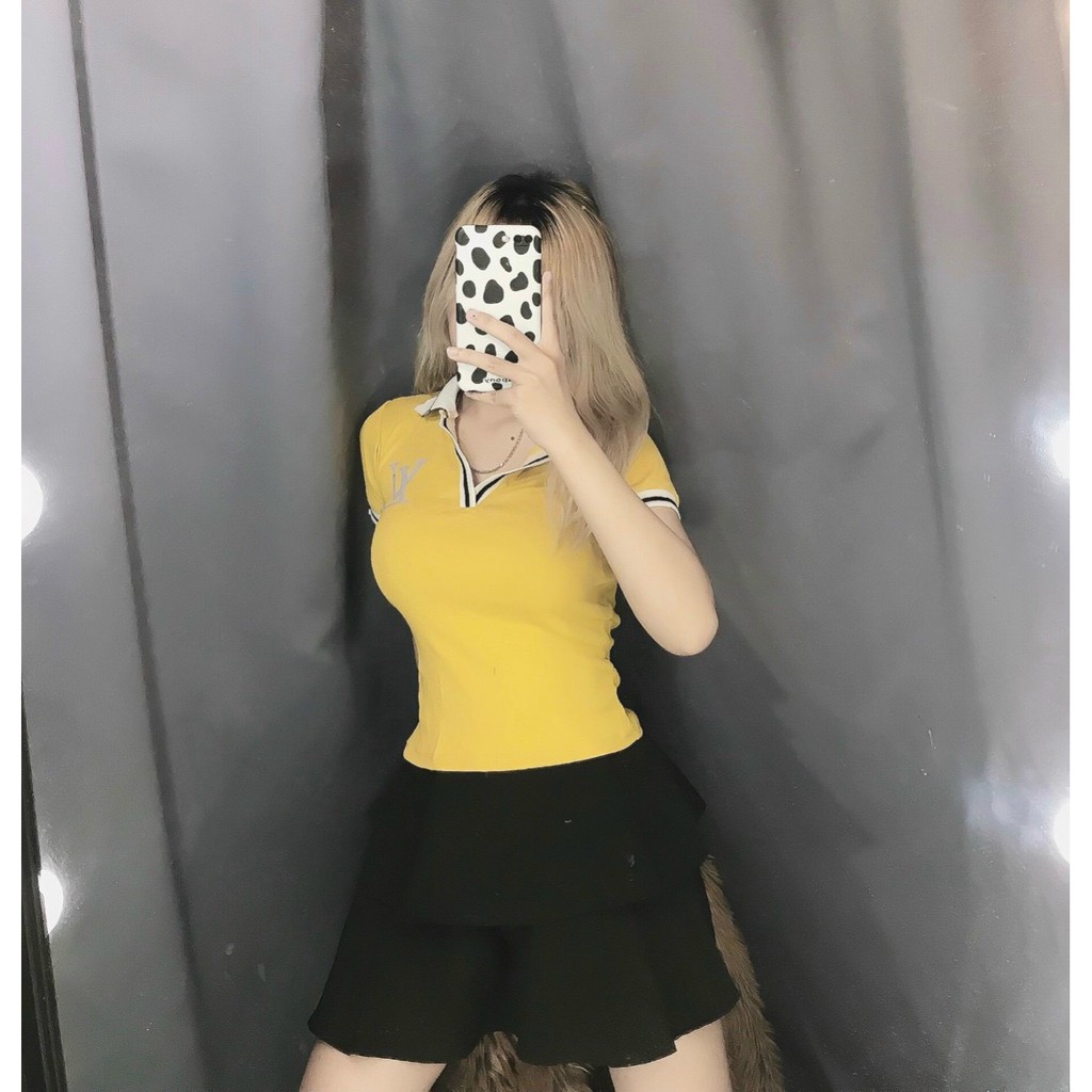 áo cổ bẻ ôm dáng in chữ l v xinhhh hot lắm ảnh thật