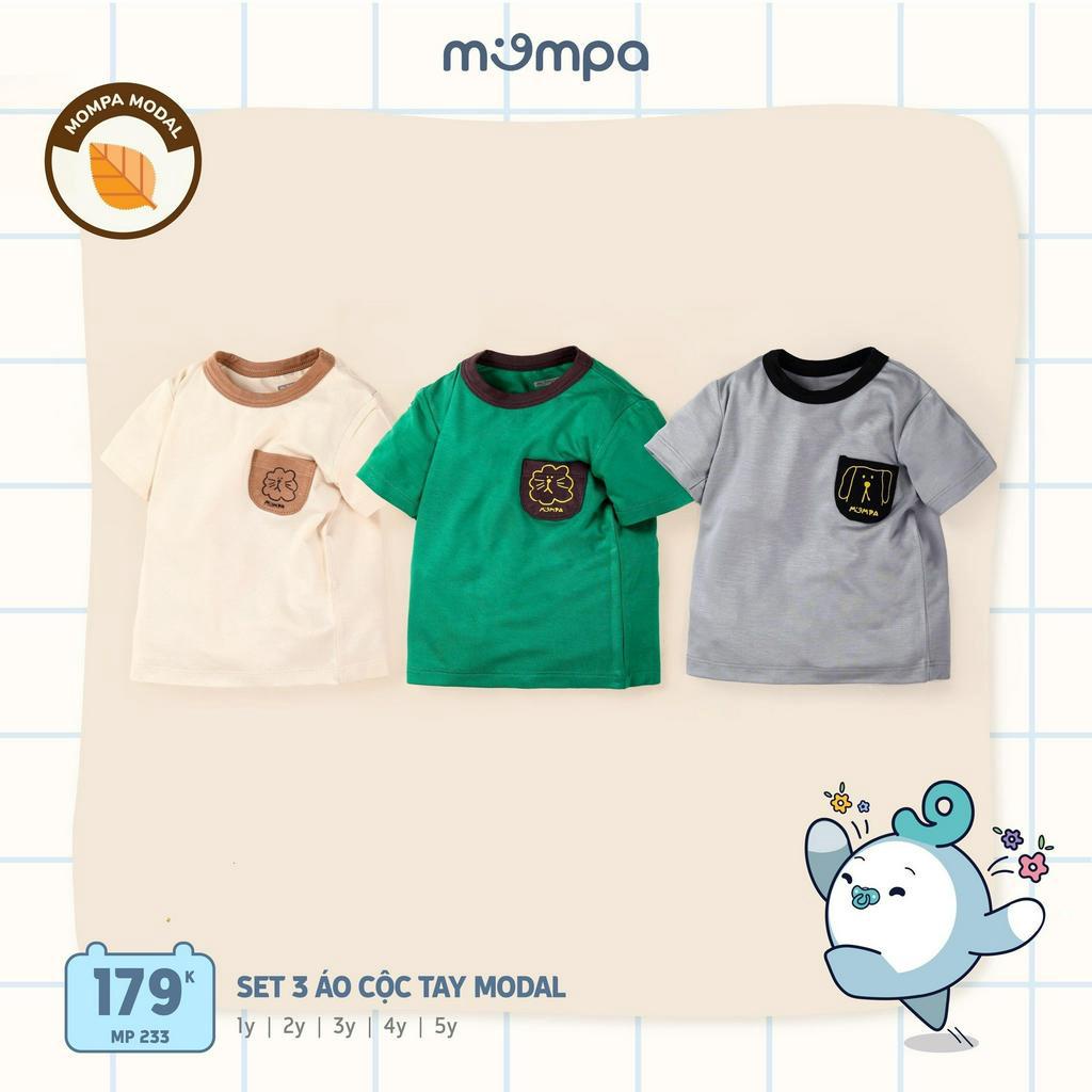 Áo cộc tay cho bé Mompa Set 3 chiếc 1-5 tuổi vải Modal túi ngực mềm mại co giãn thoáng mát 233