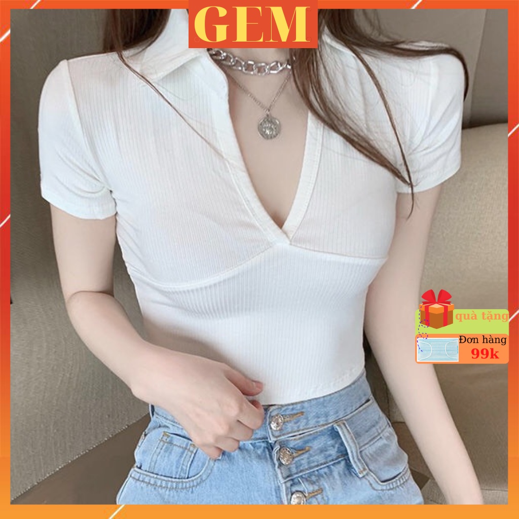 Áo croptop tay ngắn cổ V Polo thời trang Hàn Quốc