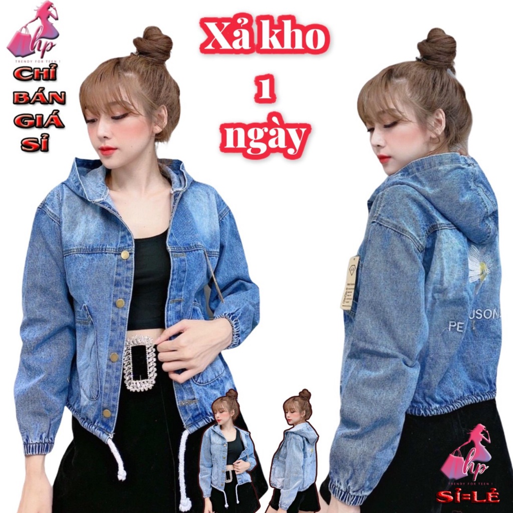 Áo khoác jean nữ có mũ cao cấp buộc dây thêu hoa cúc mẫu mới siêu cá tính