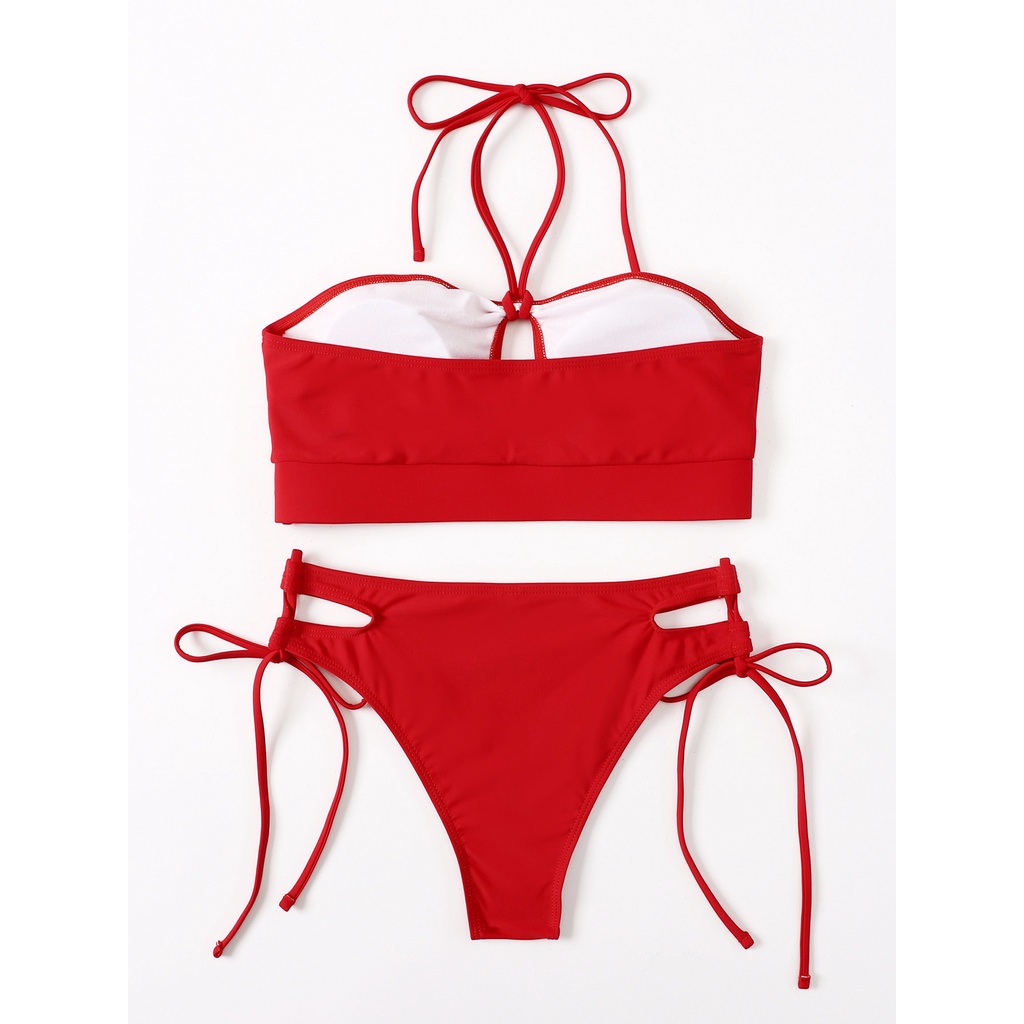 Bộ đồ tắm bikini cổ yếm thắt dây cắt xẻ màu đỏ quyến rũ dành cho nữ