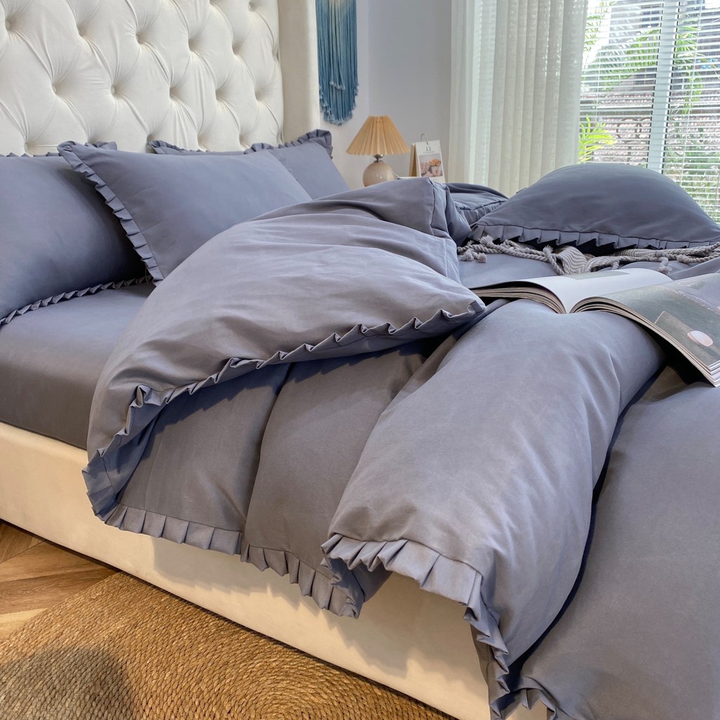 Bộ Chăn Ga Gối Cotton Tici Bèo Lidaco Cao Cấp - Xám Đậm
