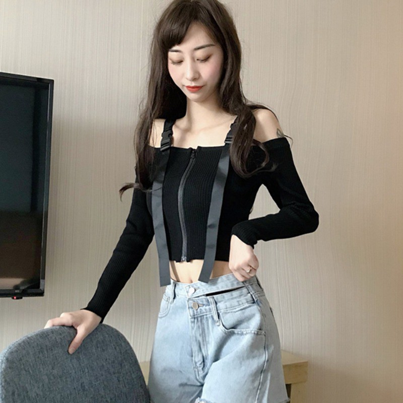 Áo Croptop dệt kim tay dài thiết kế trễ vai quyến rũ