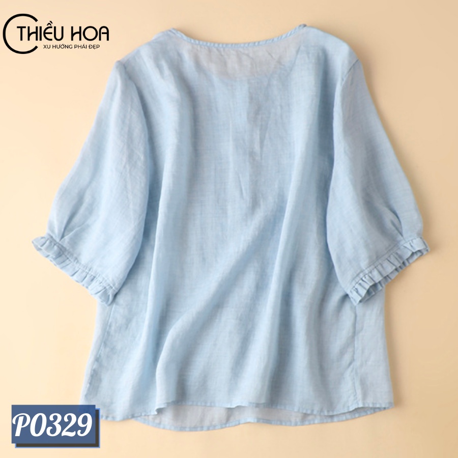 Áo thêu trung niên Thiều Hoa chất liệu Linen cao cấp thoáng mát mềm mịn P0329