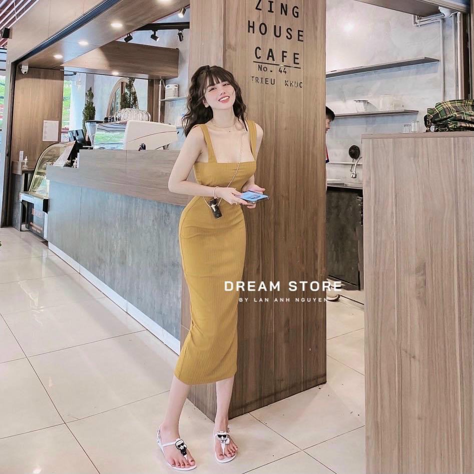 Đầm hai dây bản vuông ôm body trơn dáng dài cực xinh , chất xốp mềm mịn