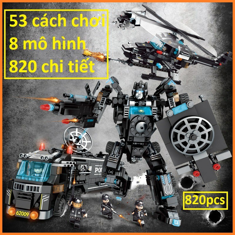 [820 CHI TIẾT] Bộ Lego lắp ráp xếp hình BIỆT ĐỘI SWAT GỒM Ô TÔ, TRỰC THĂNG, ROBOT CỰC NGẦU