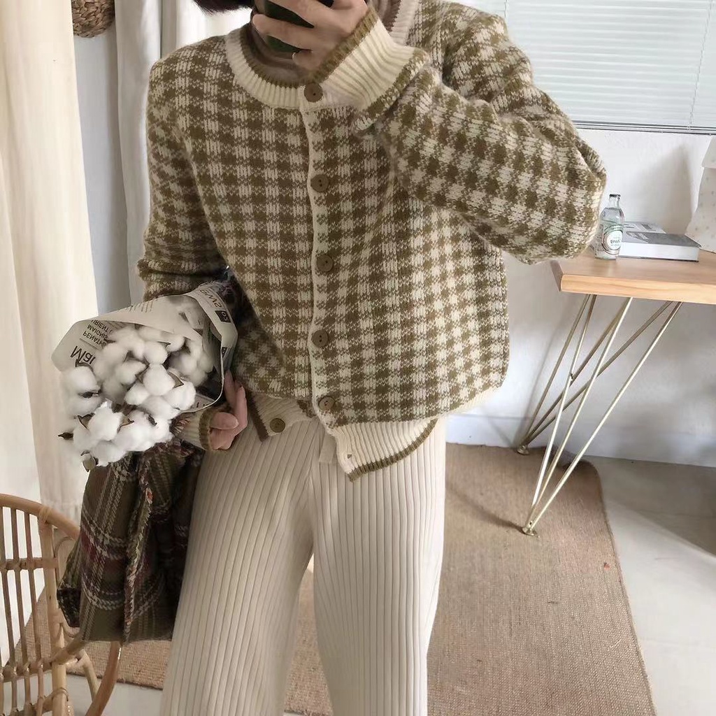 Áo khoác cardigan PURE CUBE cổ tròn họa tiết kẻ sọc ca rô nhiều màu sắc tùy chọn thời trang thu đông cho nữ