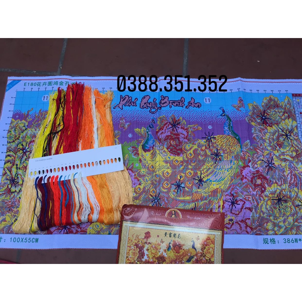 Tranh thêu chữ thập chim công hoa mẫu đơn kt 150x63cm và 195x80cm LOẠI 1