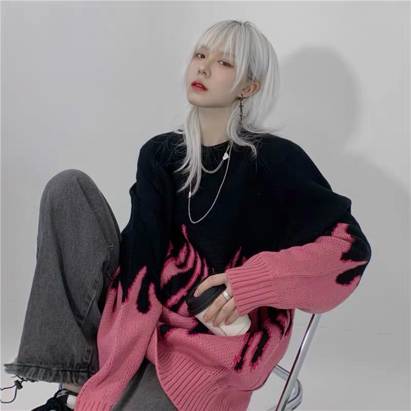 TKLIHN Áo len hai màu Ulzzang hoạ tiết ngọn lửa HOT FASHIONITA 2021 KÈM ẢNH THẬT Ở CUỐI