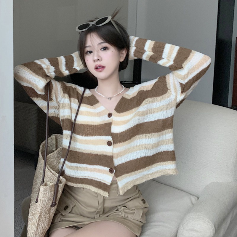 Áo Cardigan Dệt Kim Tay Dài Cổ Chữ V Form Rộng Họa Tiết Kẻ Sọc Màu Tương Phản Phong Cách Hàn Quốc