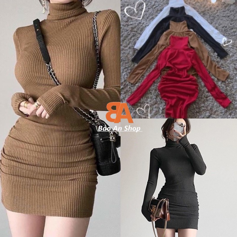 Đầm body cổ cao tay dài chất gân