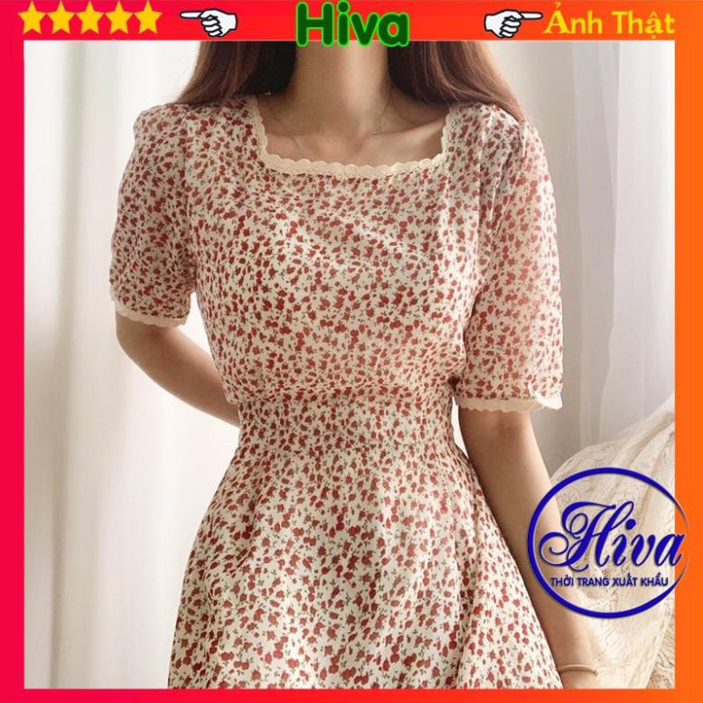 Đầm vintage dự tiệc Trắng đỏ cổ vuông cộc tay , Váy ren hoa nhí trắng tay ngắn dáng dài ulzzang (video ảnh thật) ྇