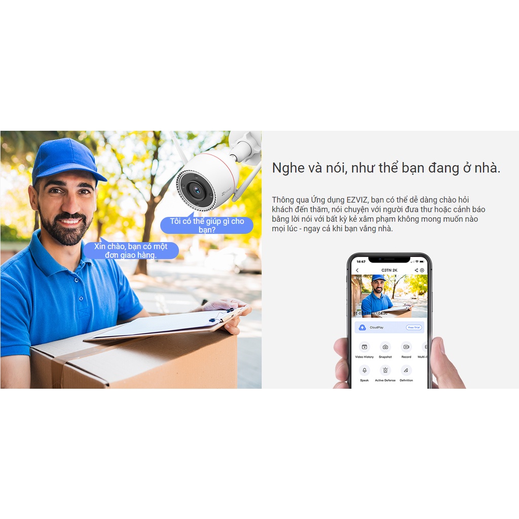 Camera wifi ezviz c3tn out pro 3M 2k Quad HD ban đêm có màu báo động còi hú ghi âm