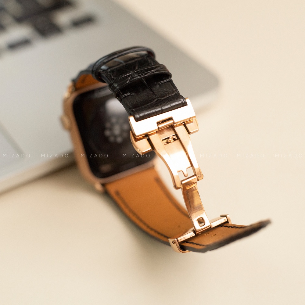 Dây da thủ công Cá Sấu Đen dành cho Apple Watch, đồng hồ thông minh, đồng hồ cơ MIZADO
