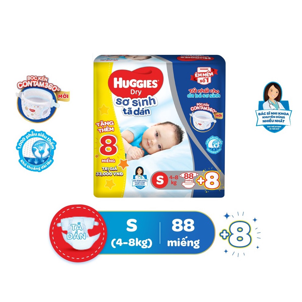 Bỉm Huggies Dán Size NB74 tặng/S56 tặng/S88 tặng/M76/L68/XL62/Xxl56 mẫu mới bọc kén con tăm.