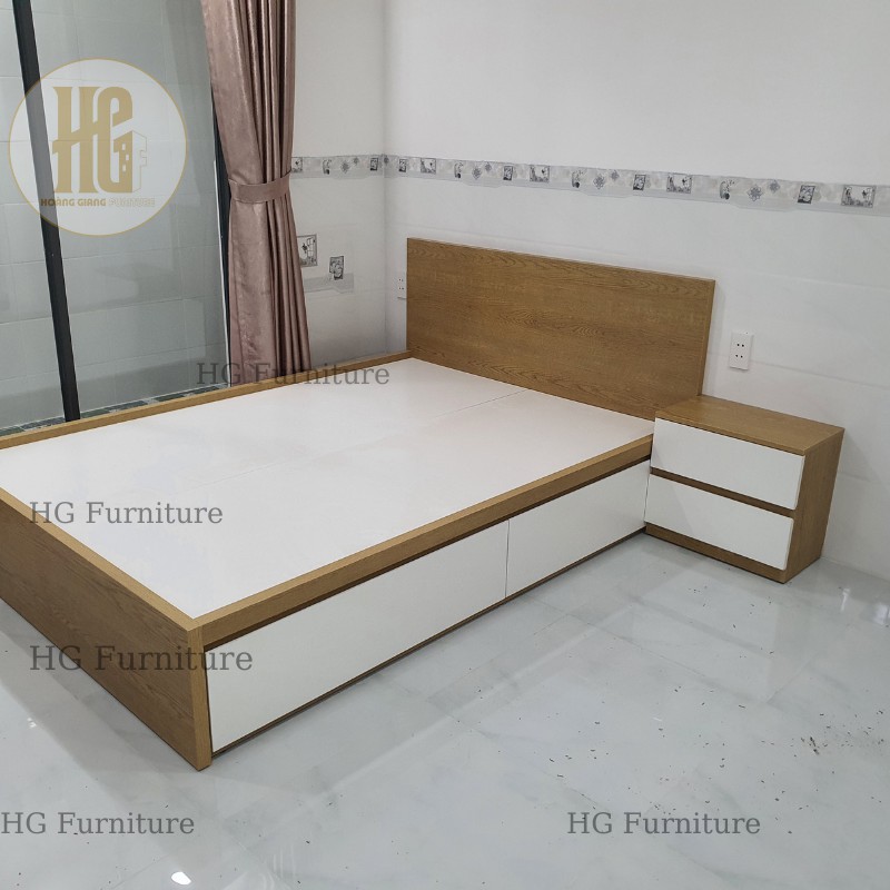 Giường ngủ cao cấp gỗ MDF MALM Hoàng Giang kiểu dáng Bắc Âu IKEA hiện đại kèm 2 hộc tủ