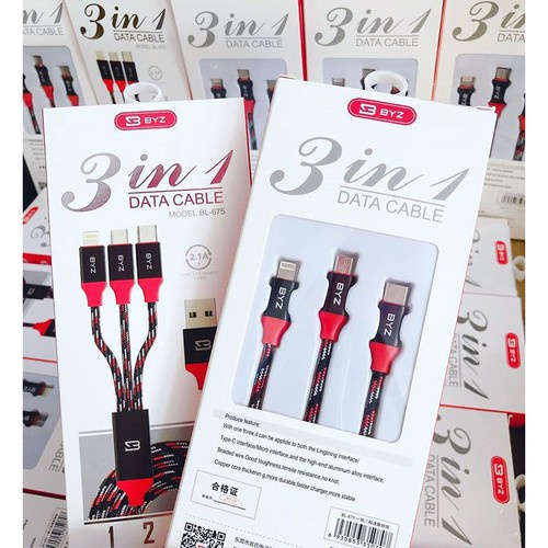 Dây Sạc 3 Đầu BYZ BL-675 Hỗ Trợ Sạc Nhanh, Dây Sạc 3in1 BYZ BL-675 Dây Dù Cực Bền Chống Đứt Gãy. Bảo Hành 12 Tháng