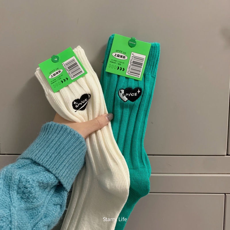 Vớ Cotton cổ cao thêu hình trái tim thời trang cho nam nữ Tất ấm áp thêu hình trái tim