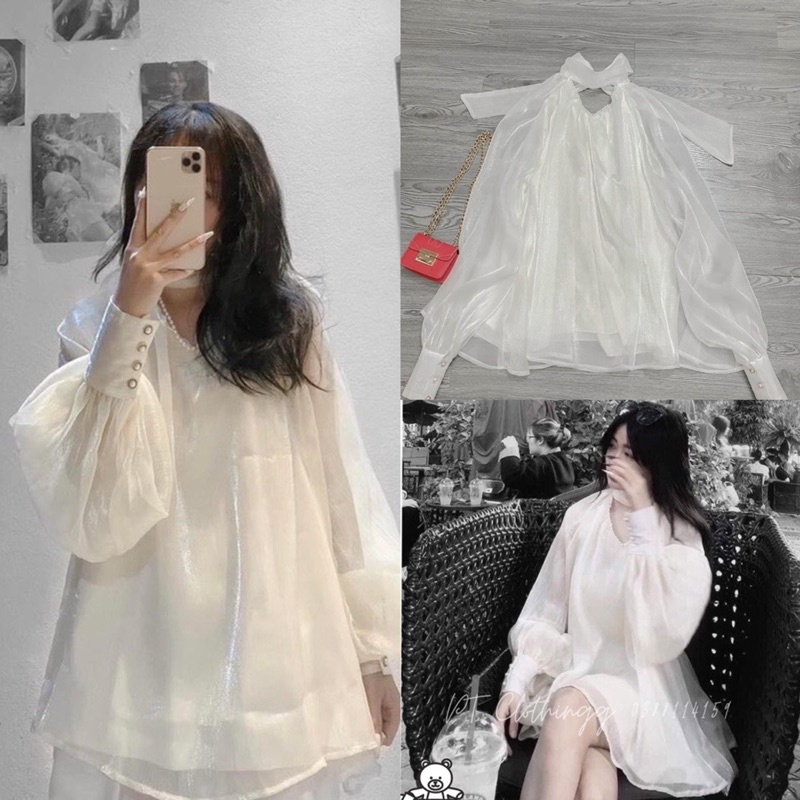 Áo sơmi kiểu nư ,cổ ngọc vải tơ voan 2 lớp bánh bèo xinh xắn
