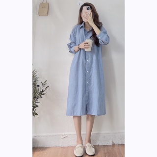 Váy sơ mi sọc xanh dáng dài