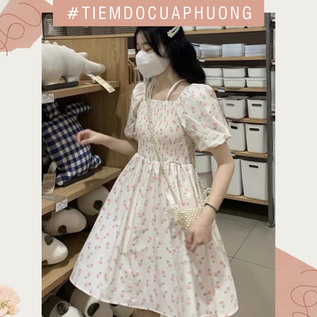 Đầm/Váy tay bồng hai dây chun ngực hoa nhí voan tơ hai lớp