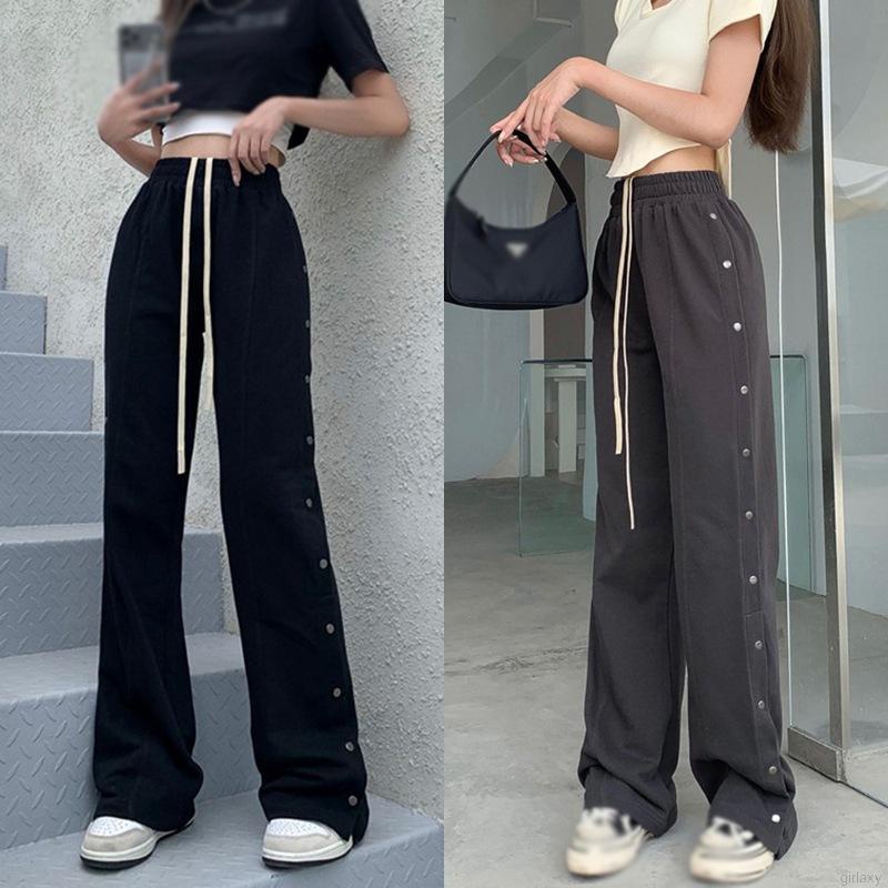 Quần dài ống rộng lưng cao màu trơn xẻ tà phối nút thời trang Hàn Quốc cho nữ