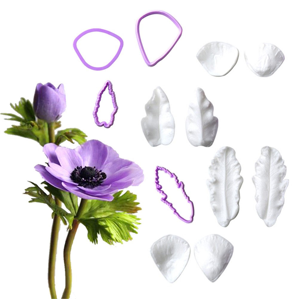 KALAIEN 8 Chiếc Poppy Fondant Khuôn Hoa Cánh Hoa Khuôn Silicon & Lưỡi Dao Cắt Nhựa Sáng Tạo Trang Trí Bánh Ăn Được Thích Hợp Theo Chủ Đề Bánh Silicon Veining Khuôn