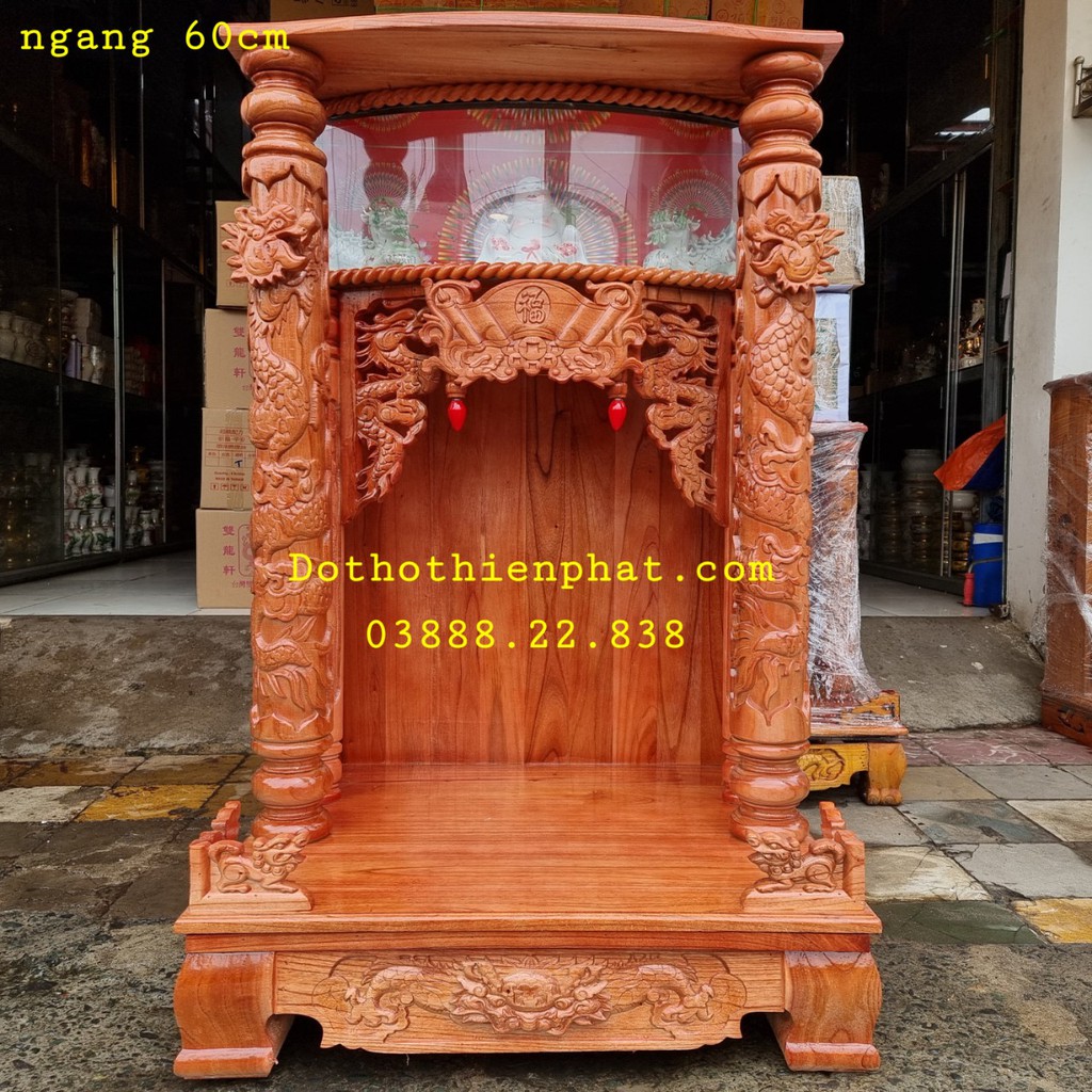 Bàn thờ thần tài ông địa gỗ xoan ngang 60 x 88 cm quỳ trụ điện tử hàng đẹp
