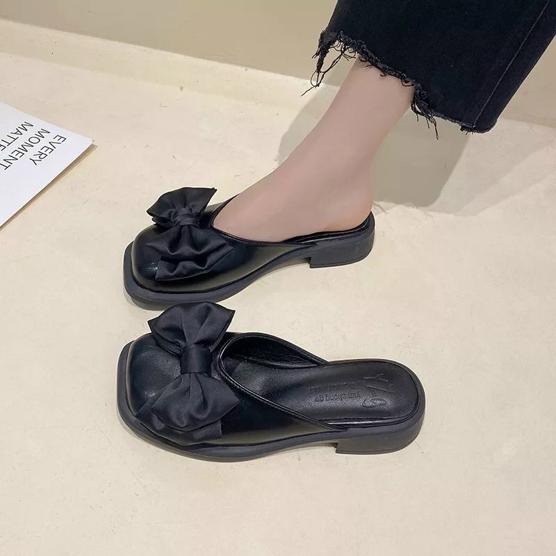 Dép Sục Nữ Lolita Đính Nơ Mũi Vuông Da Mềm Đế Êm Phong Cách Ulzzang
