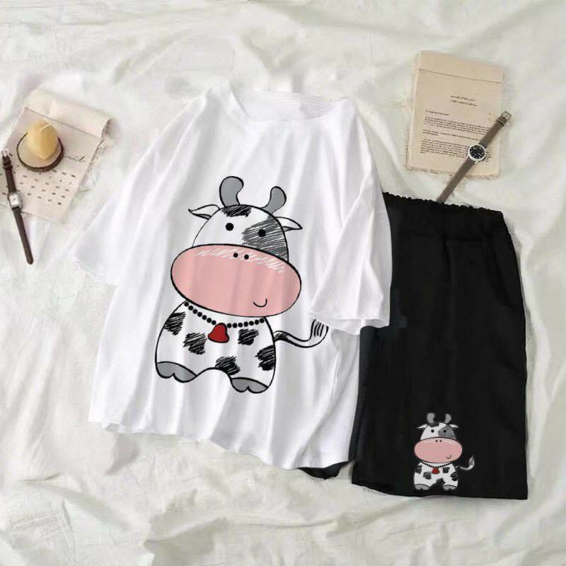 SÉT Đồ bộ  Áo Bò Sữa Milk + quần short ;  set áo thun tay lỡ kèm quần đùi Unisex phong cách Ullzzang Hàn Quốc